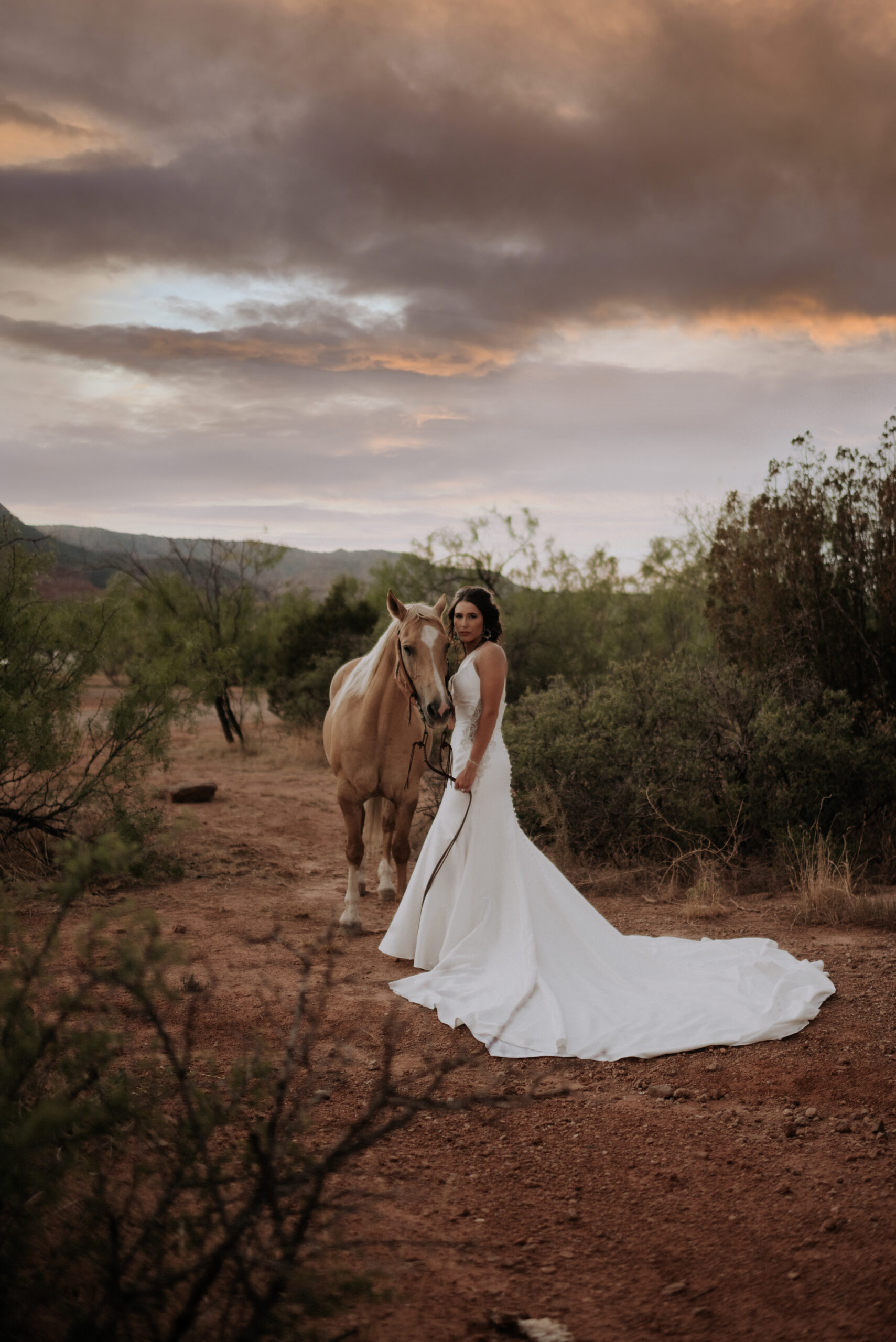 bride posing for bridal photos in front of sunset while holding horse with white spot on face. Destination wedding photography, and bridal portraits, bridal photos