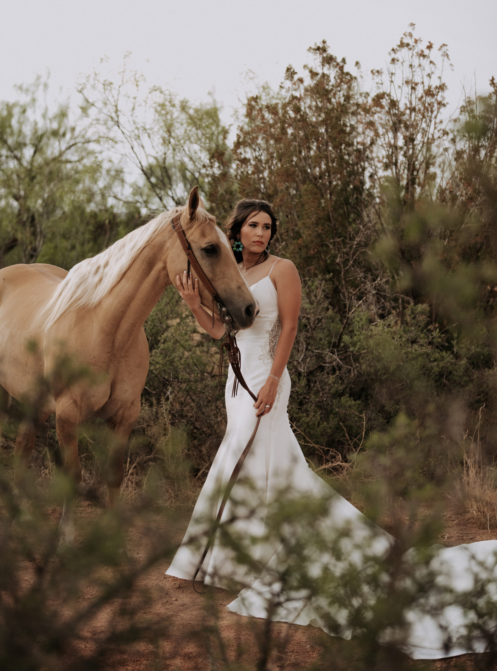 bride posing with tan horse while posing in desert in Texas, wedding photography, and bridal portrait photos, bridal photos